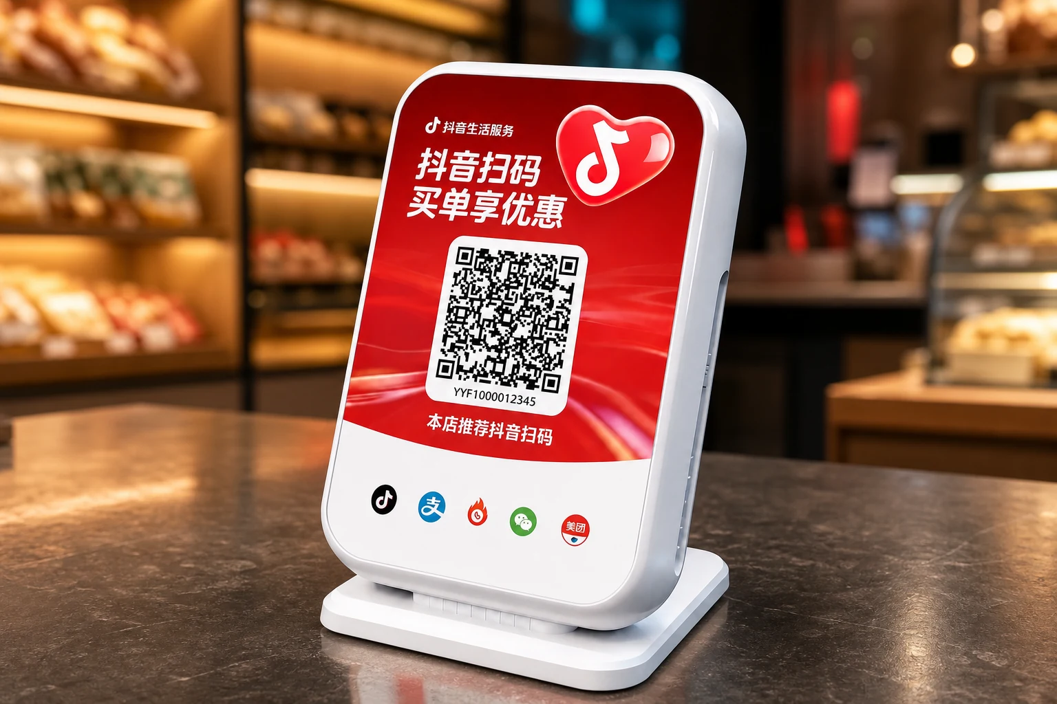 门店收银台上的真实抖音买单台式码牌,红色面板包含抖音扫码文字和二维码